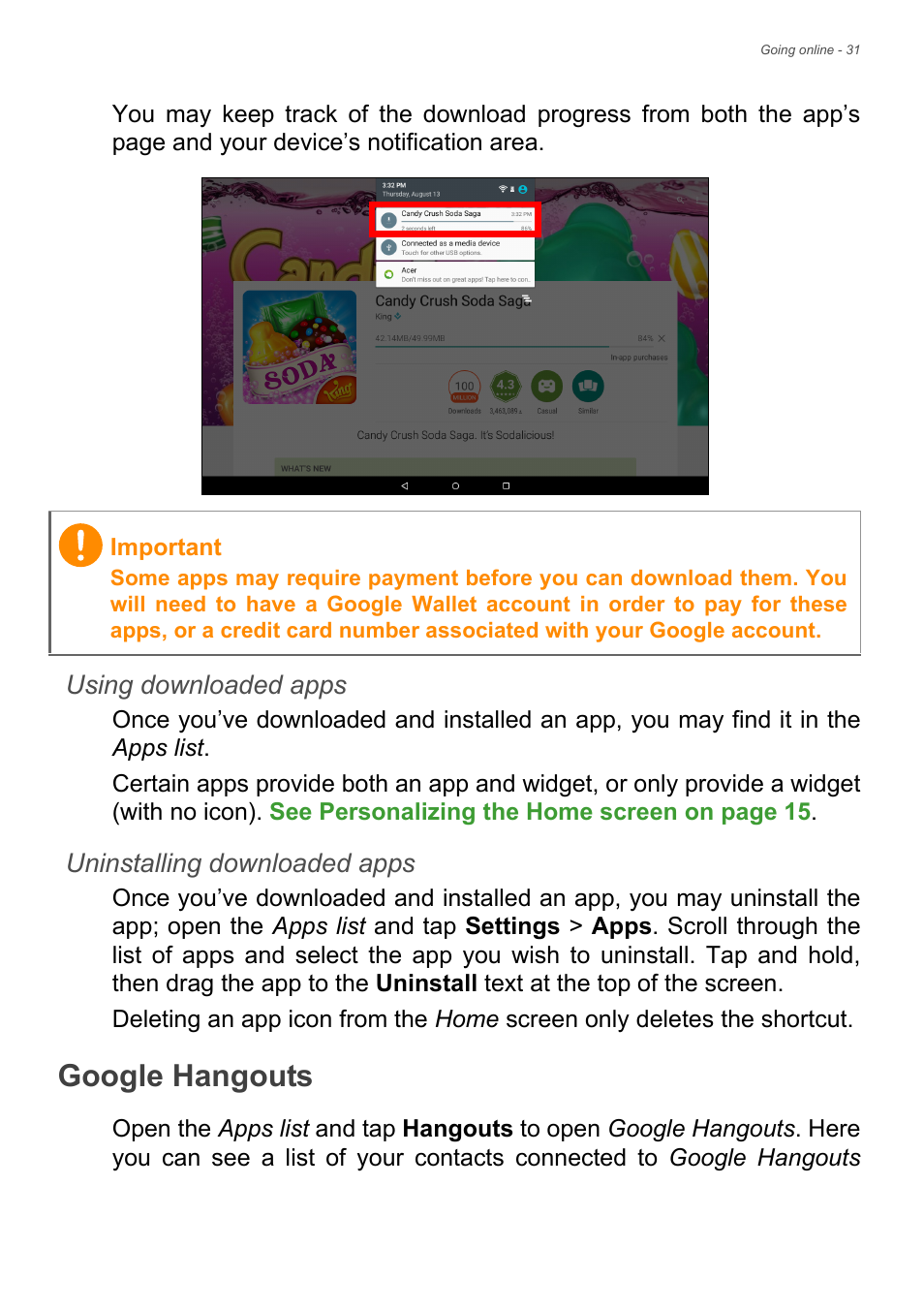 Google hangouts | Acer Iconia Tab 10 A3-A40 User Manual | Page 31 / 57