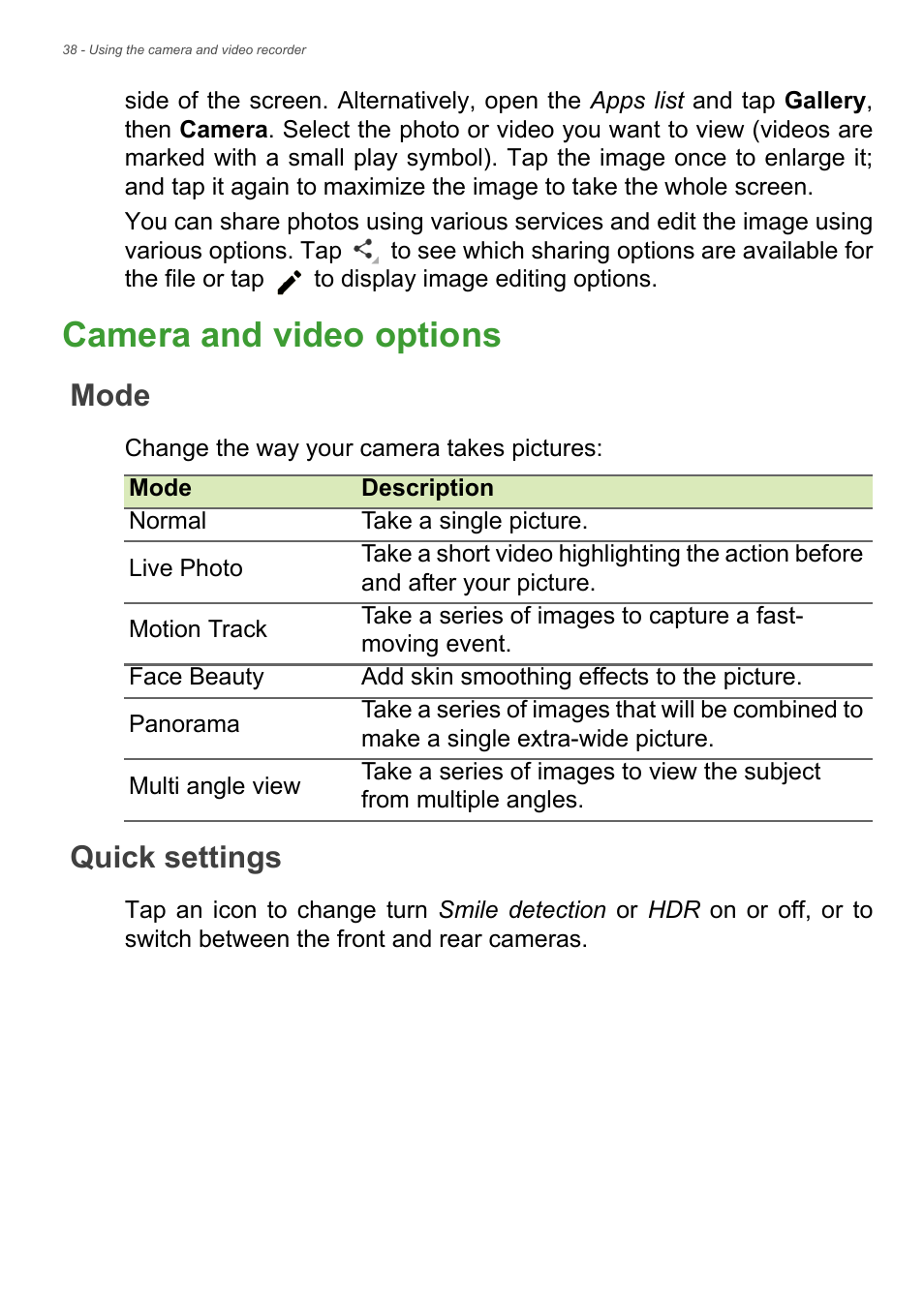 Camera and video options, Mode, Quick settings | See camera | Acer Iconia Tab 10 A3-A40 User Manual | Page 38 / 57