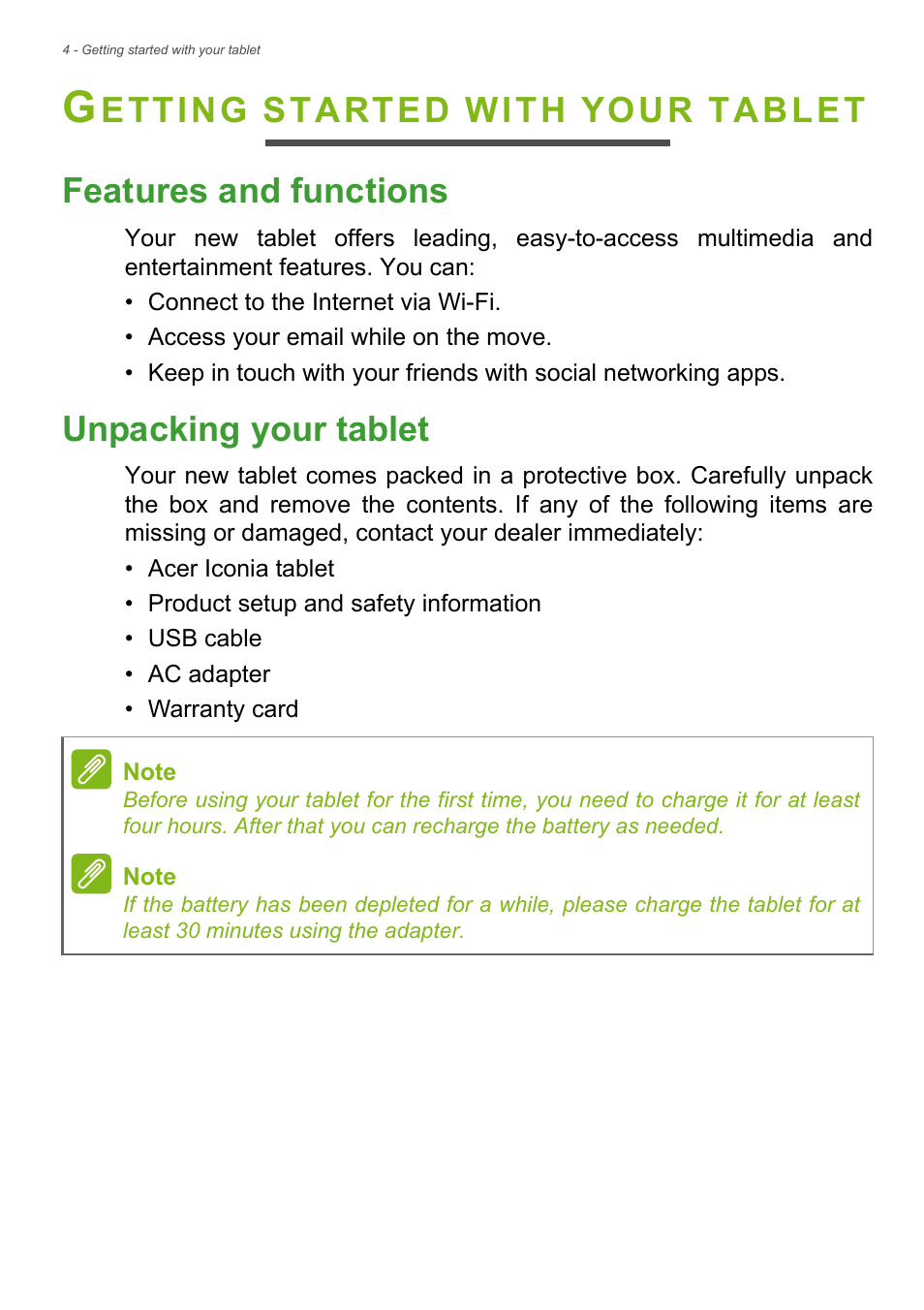 Getting started with your tablet, Features and functions, Unpacking your tablet | Features and functions unpacking your tablet | Acer Iconia Tab 10 A3-A40 User Manual | Page 4 / 57