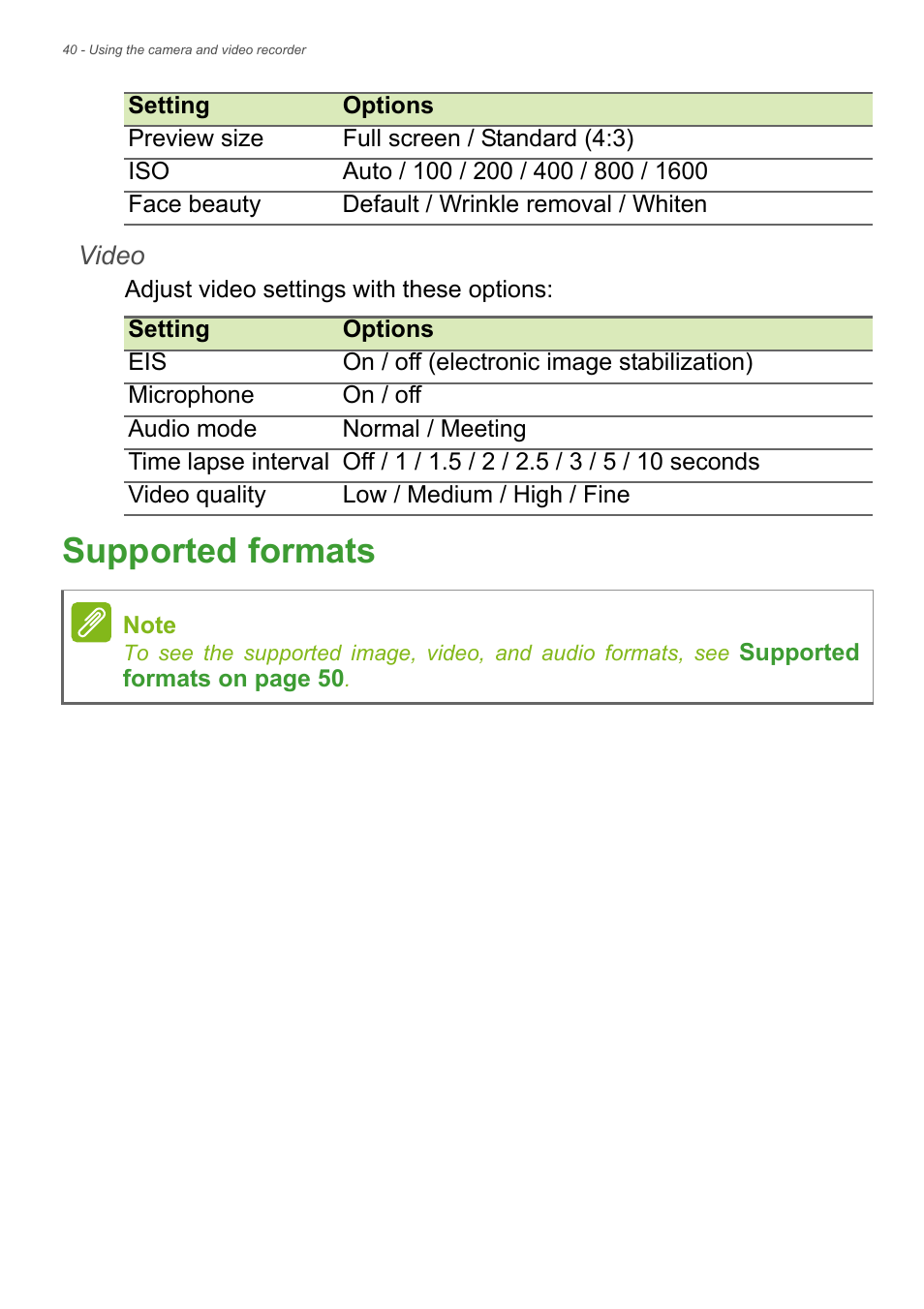 Supported formats | Acer Iconia Tab 10 A3-A40 User Manual | Page 40 / 57