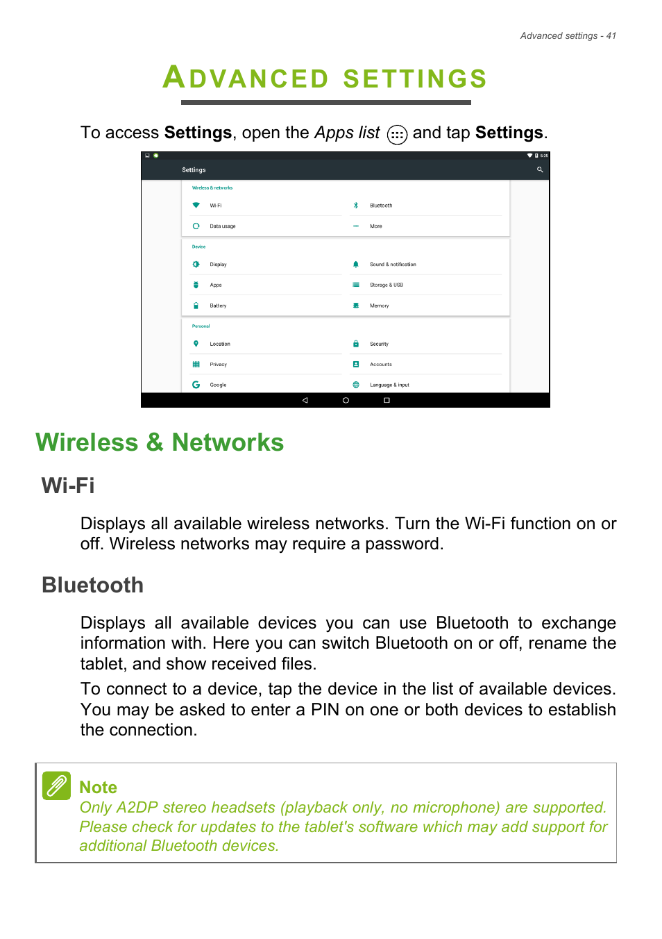 Advanced settings, Wireless & networks, Wi-fi | Bluetooth, Dvanced, Settings | Acer Iconia Tab 10 A3-A40 User Manual | Page 41 / 57