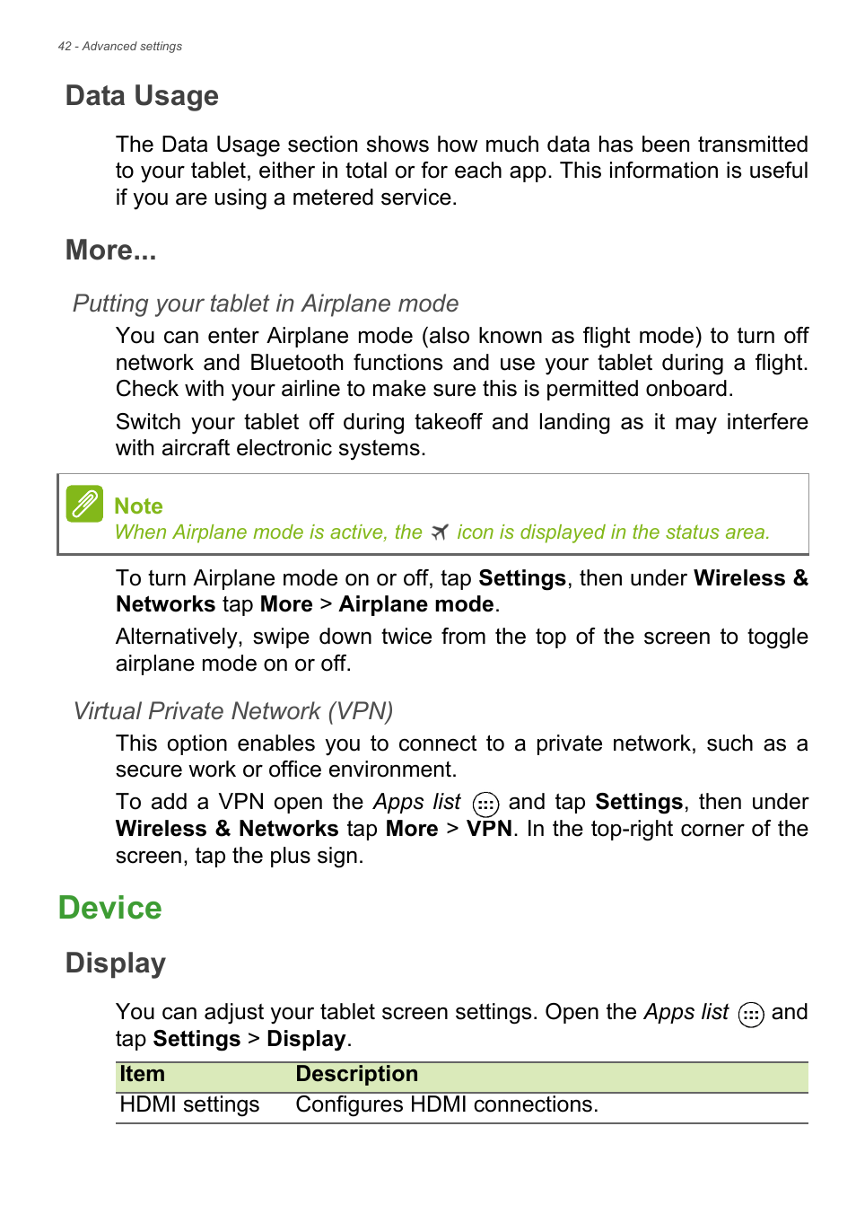 Data usage, More, Device | Display | Acer Iconia Tab 10 A3-A40 User Manual | Page 42 / 57