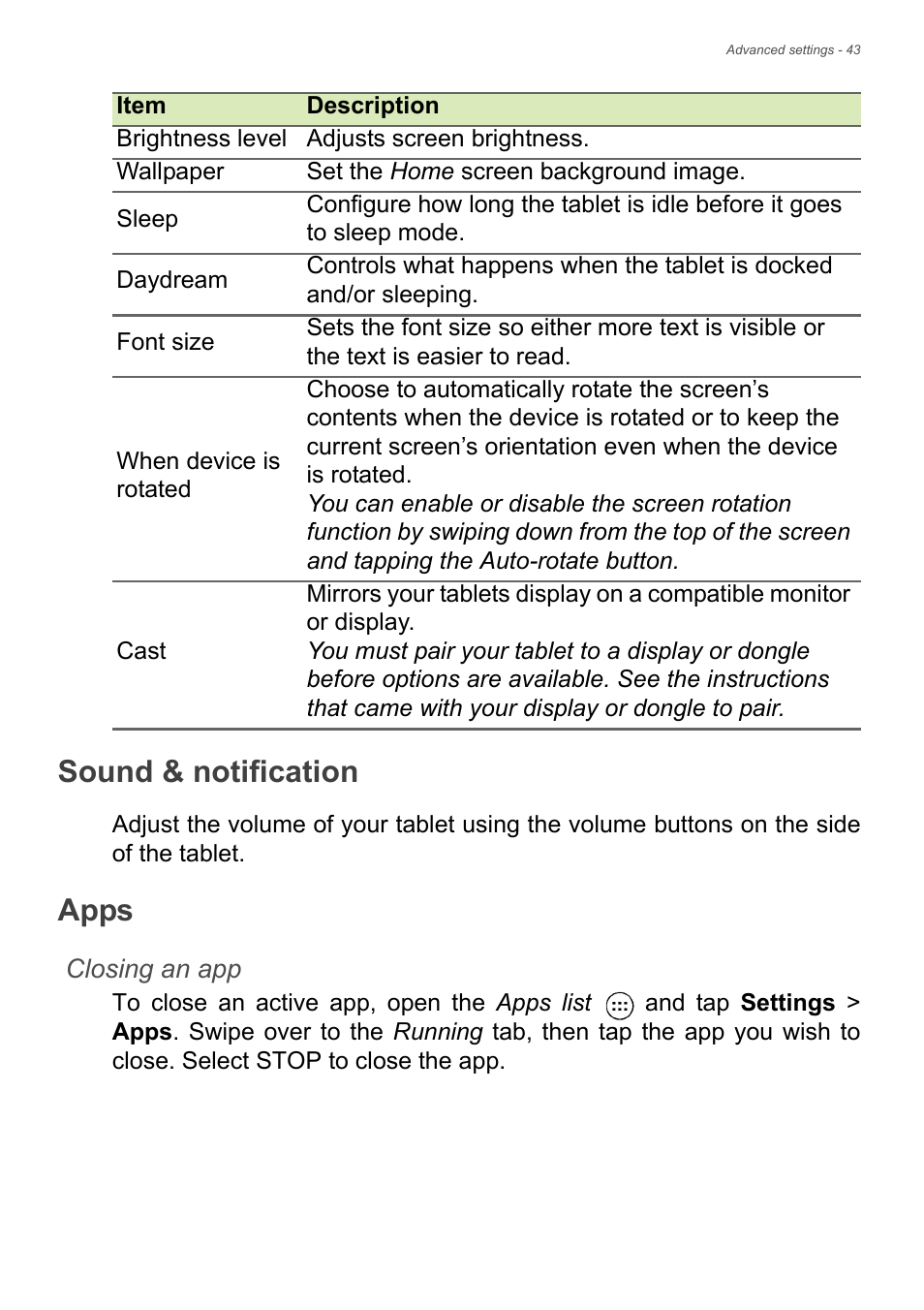 Sound & notification, Apps | Acer Iconia Tab 10 A3-A40 User Manual | Page 43 / 57