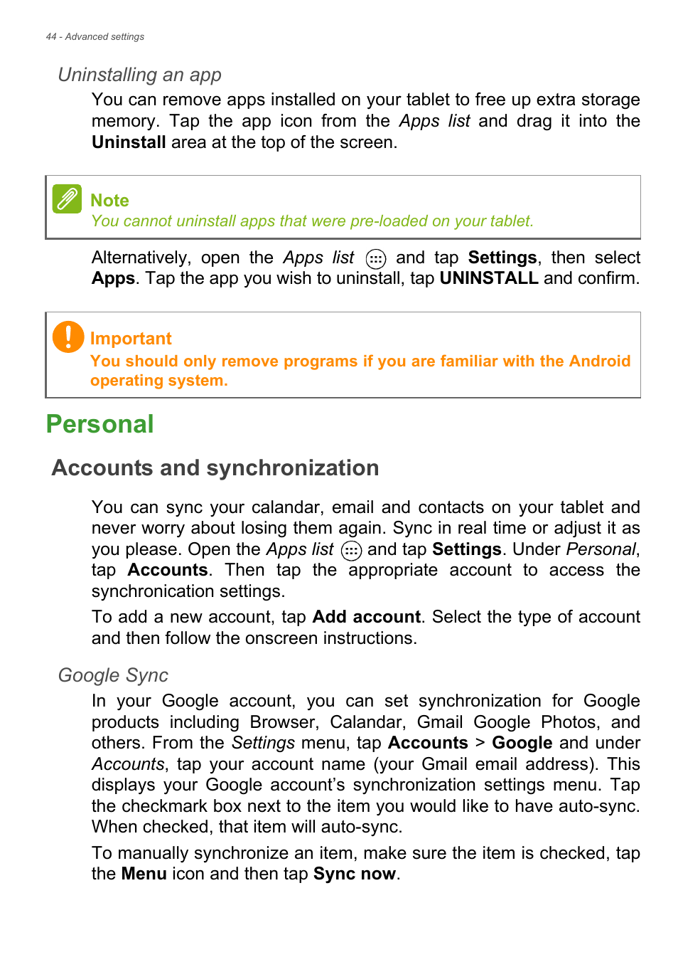 Personal, Accounts and synchronization | Acer Iconia Tab 10 A3-A40 User Manual | Page 44 / 57