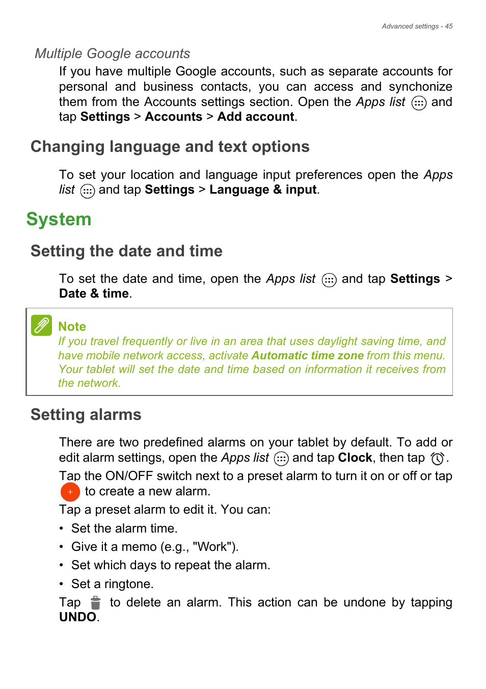 Changing language and text options, System, Setting the date and time | Setting alarms, See multiple google | Acer Iconia Tab 10 A3-A40 User Manual | Page 45 / 57