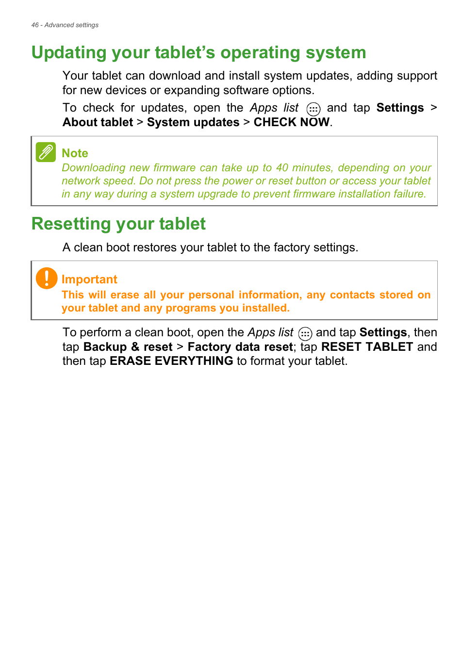 Updating your tablet’s operating system, Resetting your tablet | Acer Iconia Tab 10 A3-A40 User Manual | Page 46 / 57