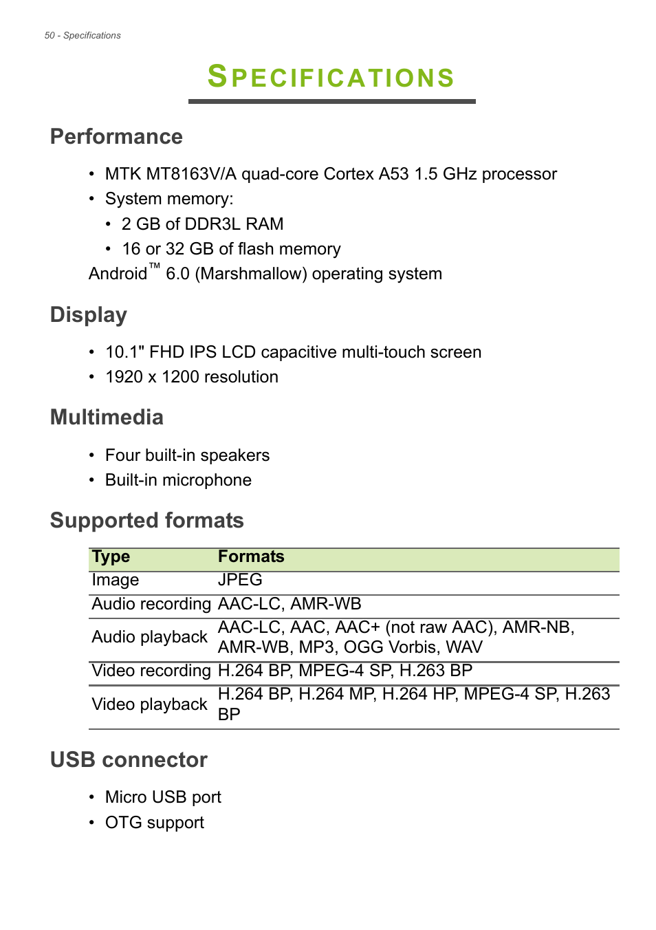 Specifications, Performance, Display | Multimedia, Supported formats, Usb connector, Supported, For more, Pecifications | Acer Iconia Tab 10 A3-A40 User Manual | Page 50 / 57