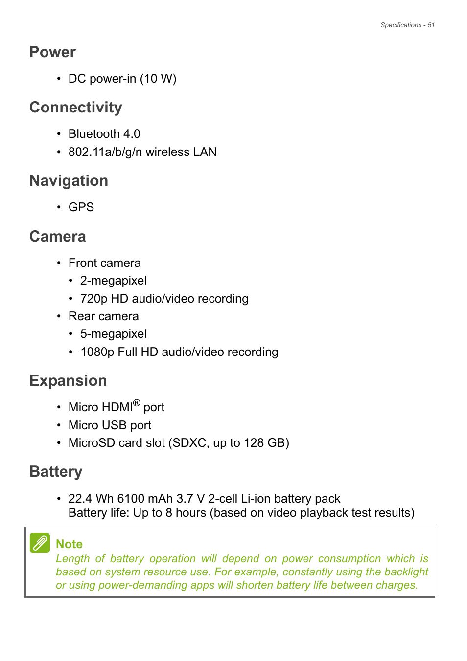 Power, Connectivity, Navigation | Camera, Expansion, Battery | Acer Iconia Tab 10 A3-A40 User Manual | Page 51 / 57