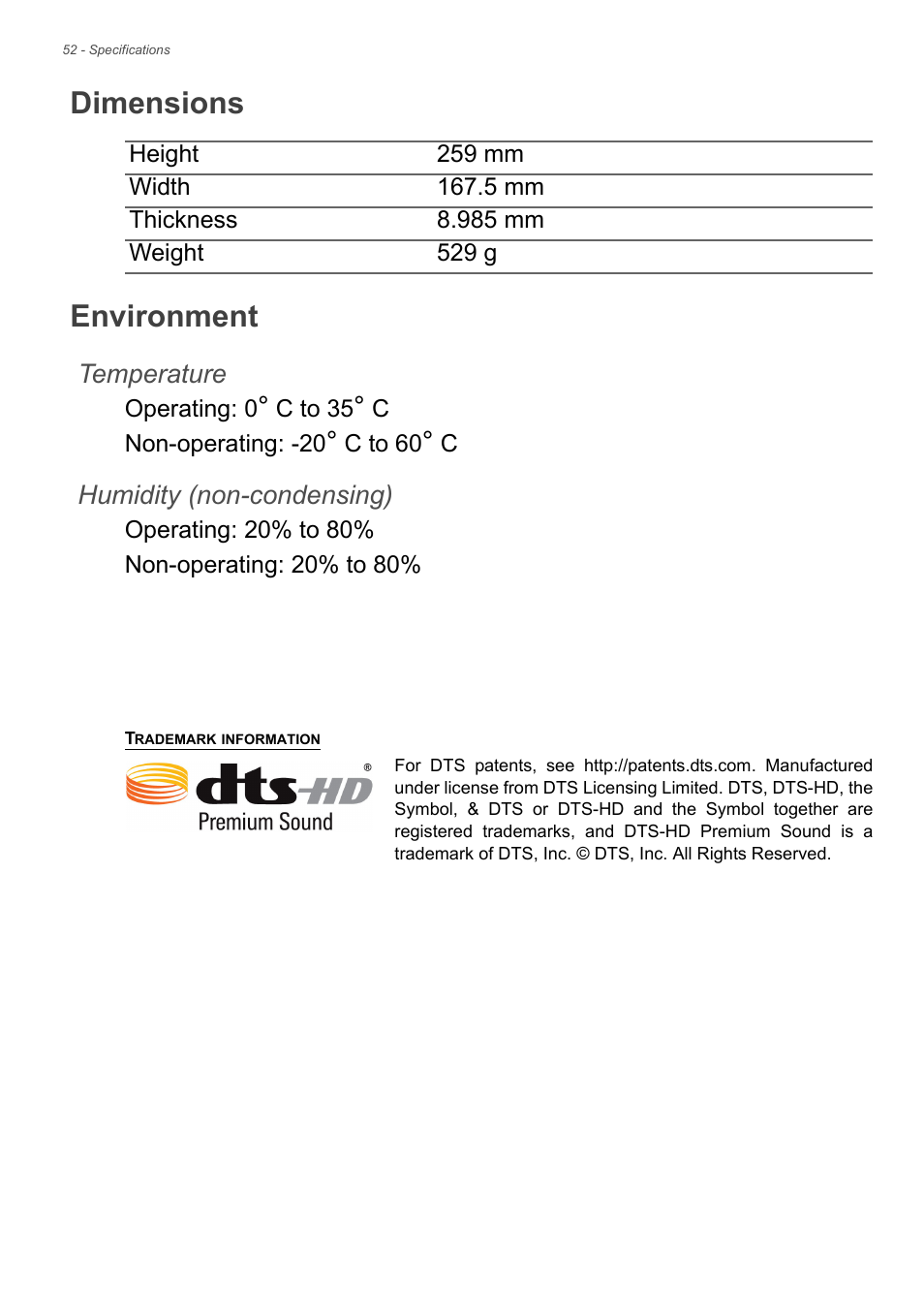 Dimensions, Environment | Acer Iconia Tab 10 A3-A40 User Manual | Page 52 / 57