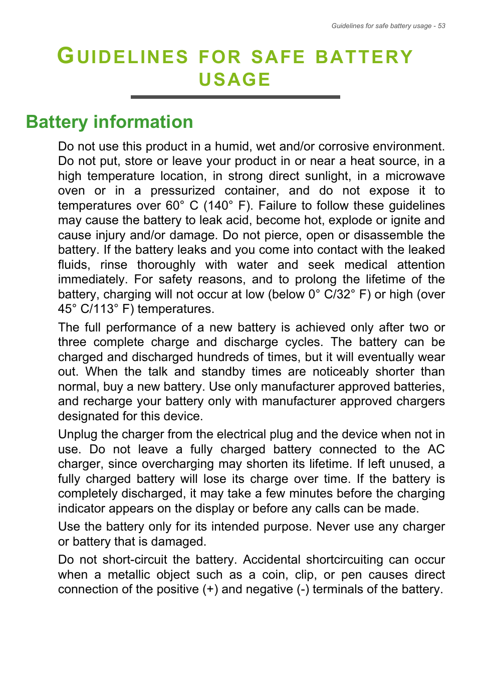 Guidelines for safe battery usage, Battery information | Acer Iconia Tab 10 A3-A40 User Manual | Page 53 / 57