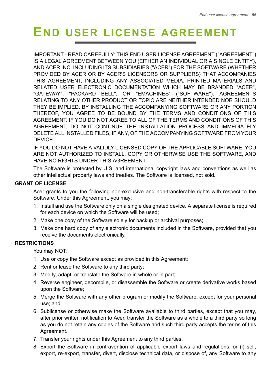 End user license agreement, User, License | Agreement | Acer Iconia Tab 10 A3-A40 User Manual | Page 55 / 57