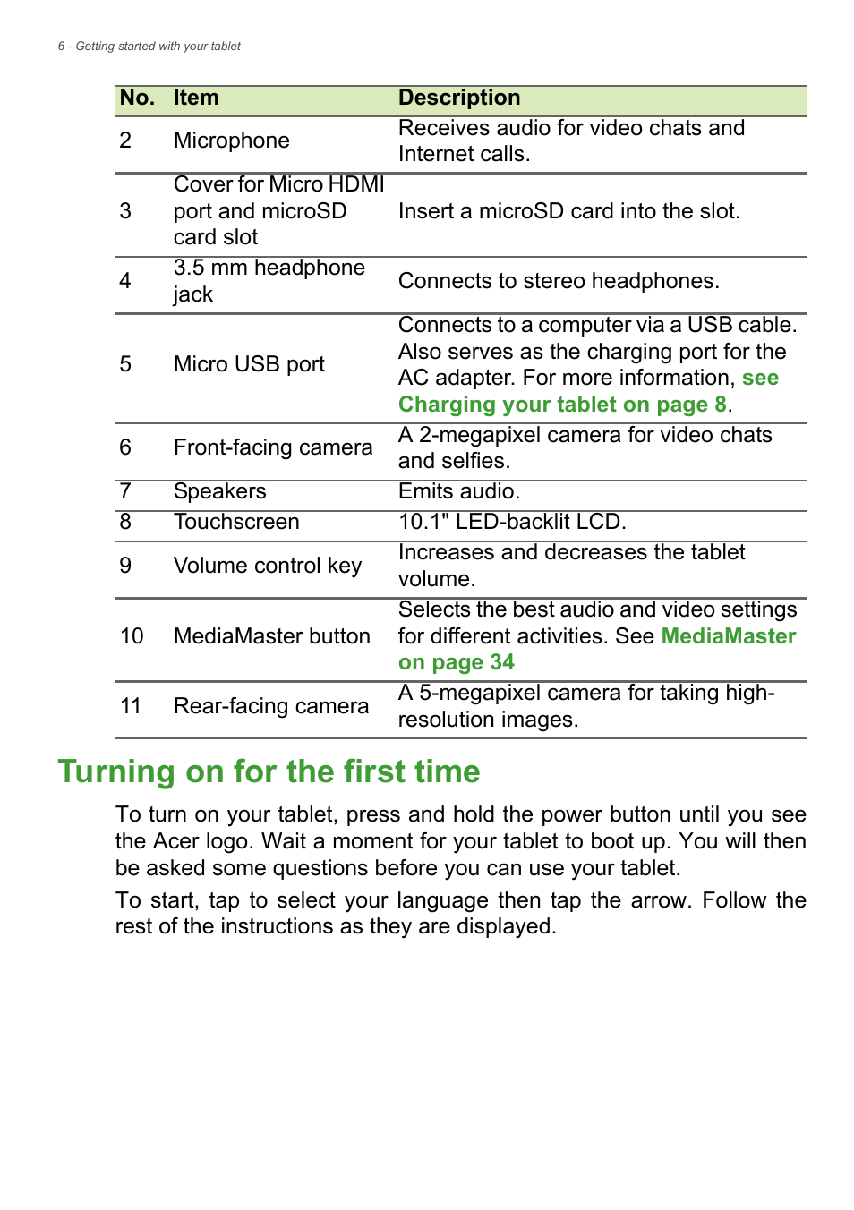 Turning on for the first time | Acer Iconia Tab 10 A3-A40 User Manual | Page 6 / 57