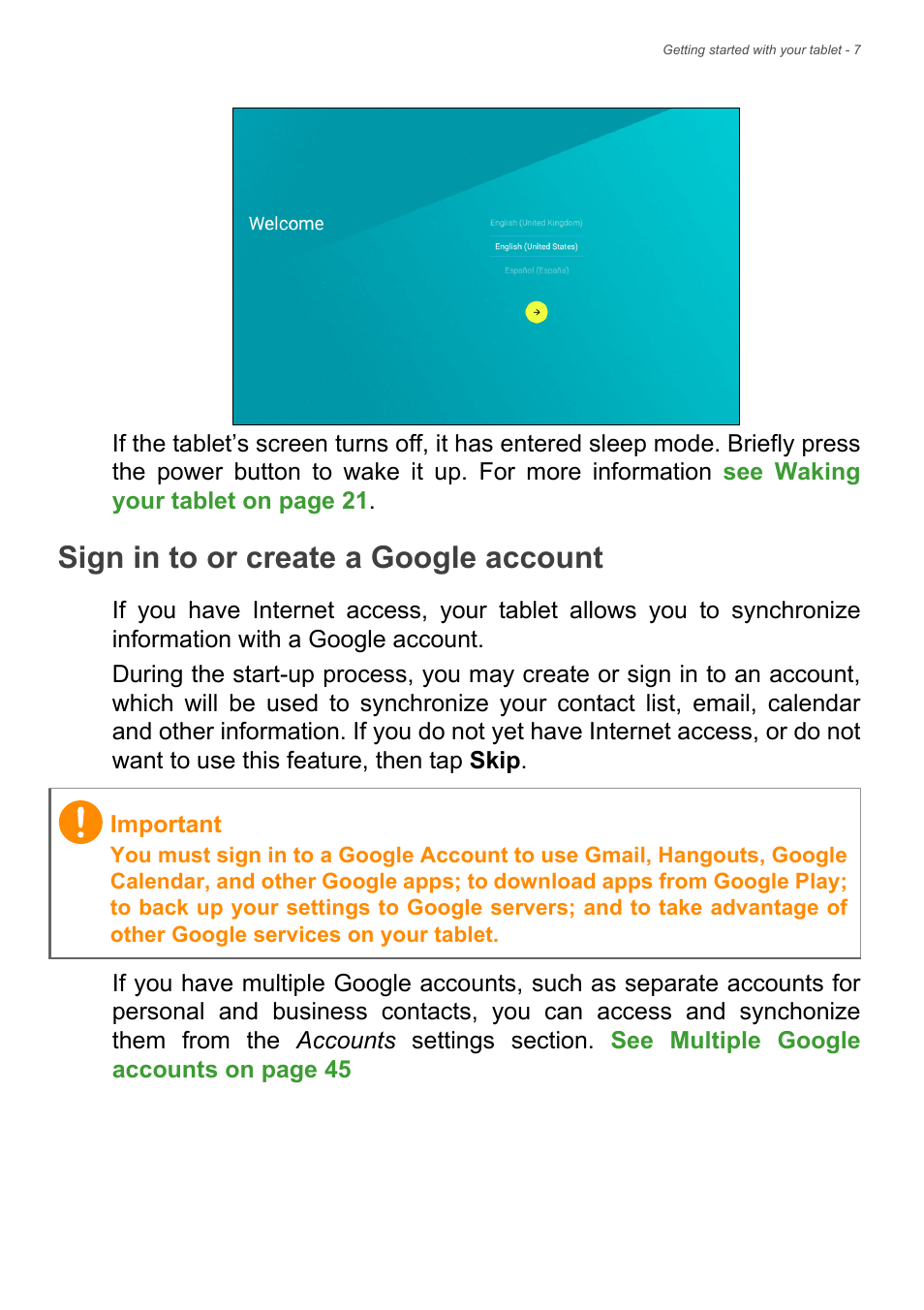 Sign in to or create a google account | Acer Iconia Tab 10 A3-A40 User Manual | Page 7 / 57