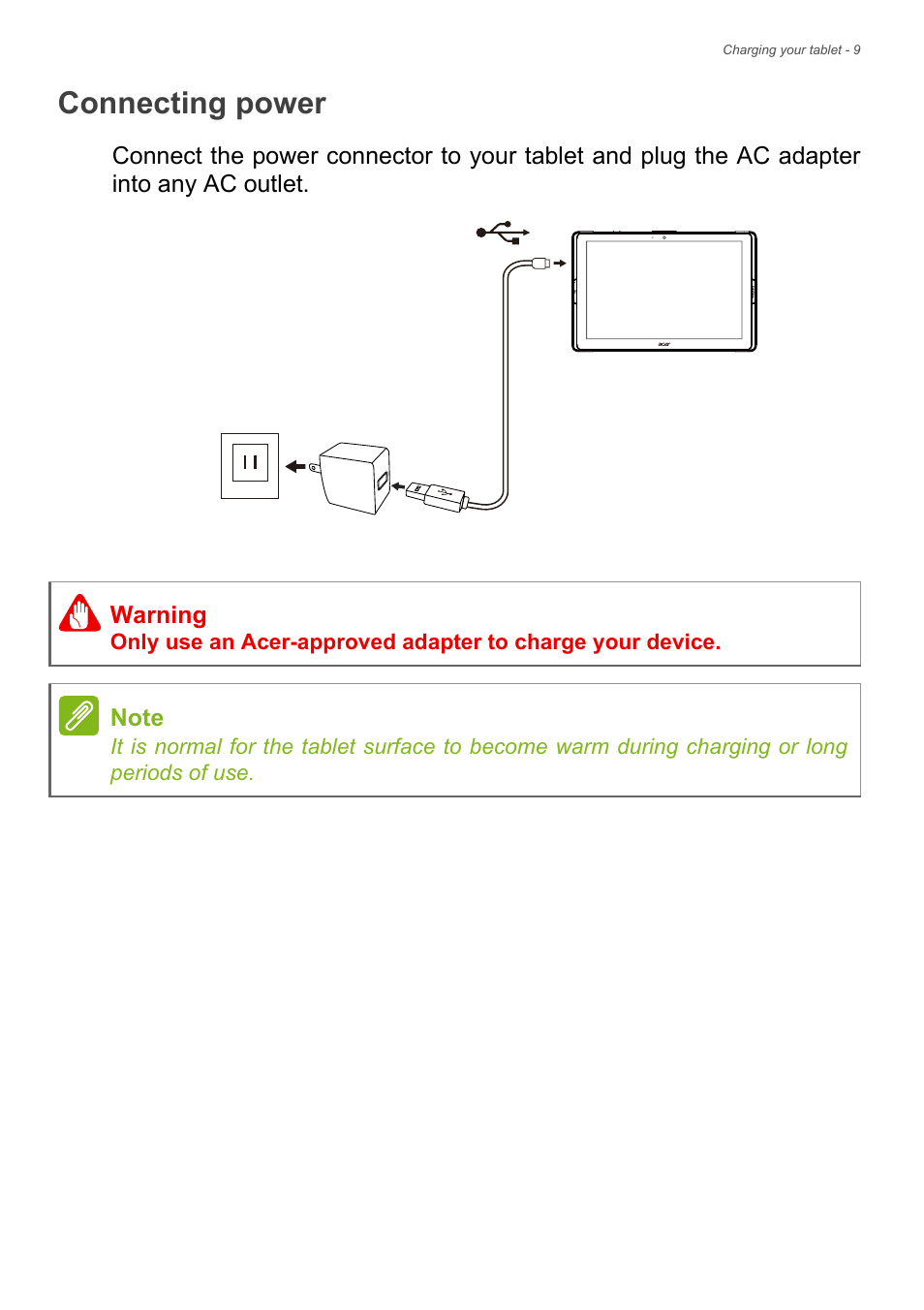 Connecting power | Acer Iconia Tab 10 A3-A40 User Manual | Page 9 / 57