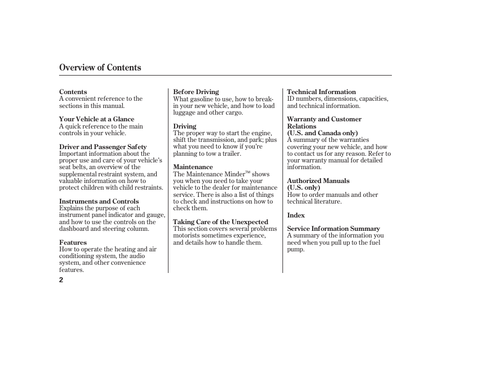 Overview of contents | HONDA 2013 Ridgeline User Manual | Page 10 / 424