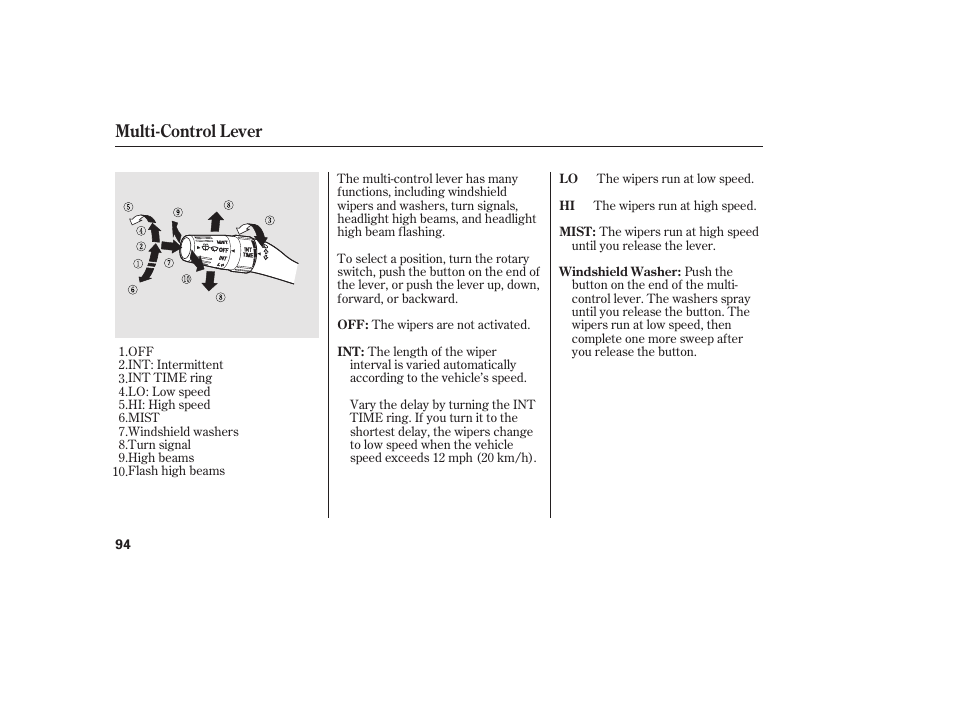 Multi-control lever | HONDA 2013 Ridgeline User Manual | Page 102 / 424