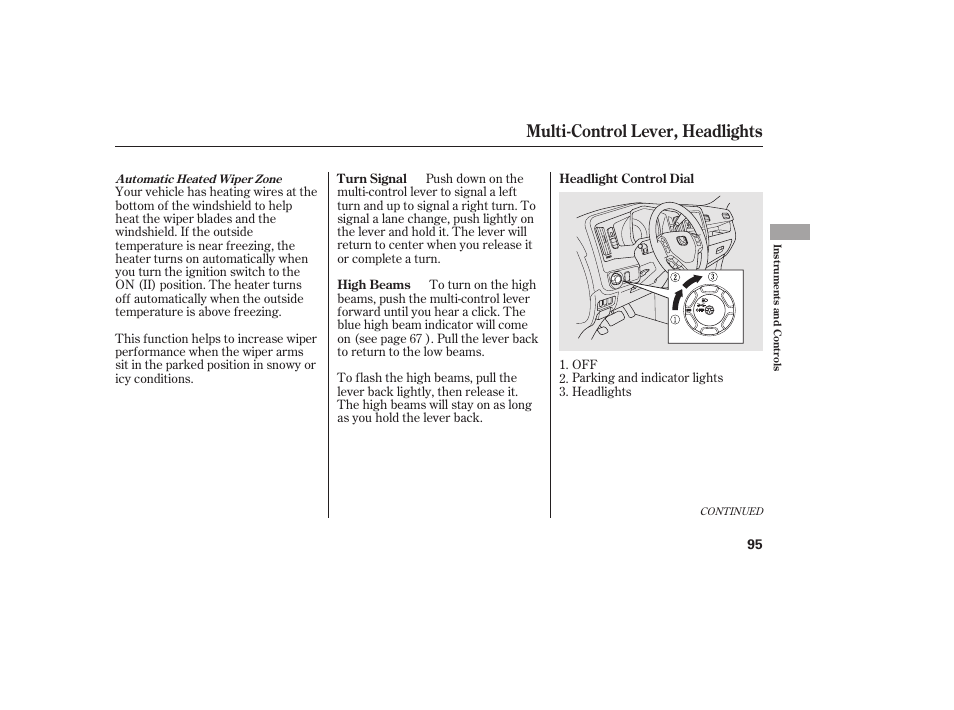 Multi-control lever, headlights | HONDA 2013 Ridgeline User Manual | Page 103 / 424