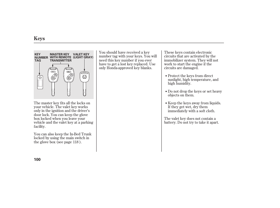 Keys | HONDA 2013 Ridgeline User Manual | Page 108 / 424