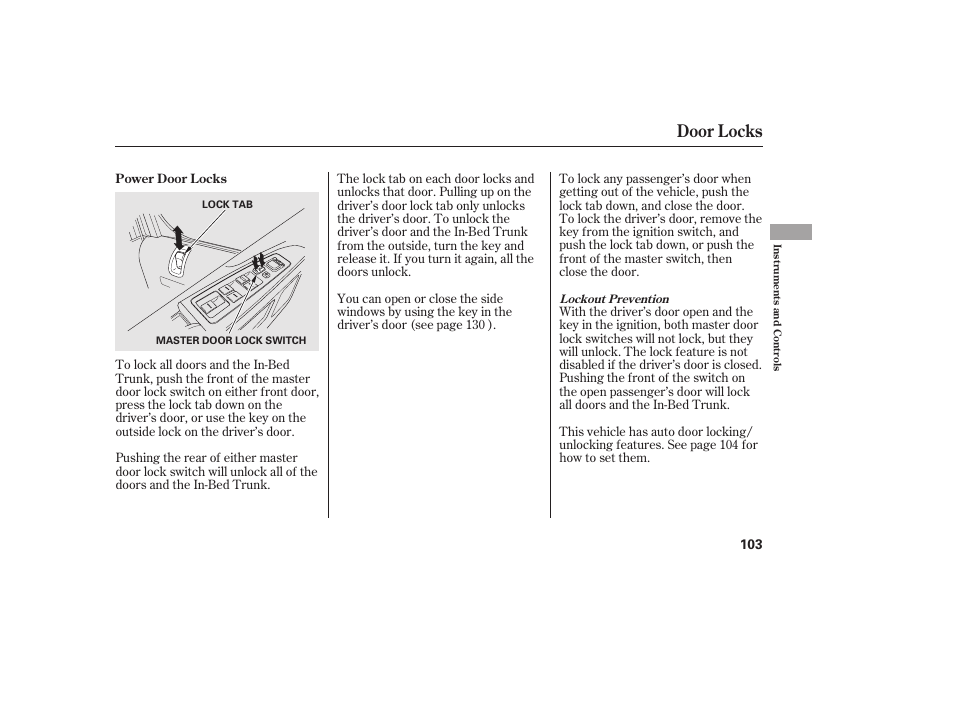 Door locks | HONDA 2013 Ridgeline User Manual | Page 111 / 424