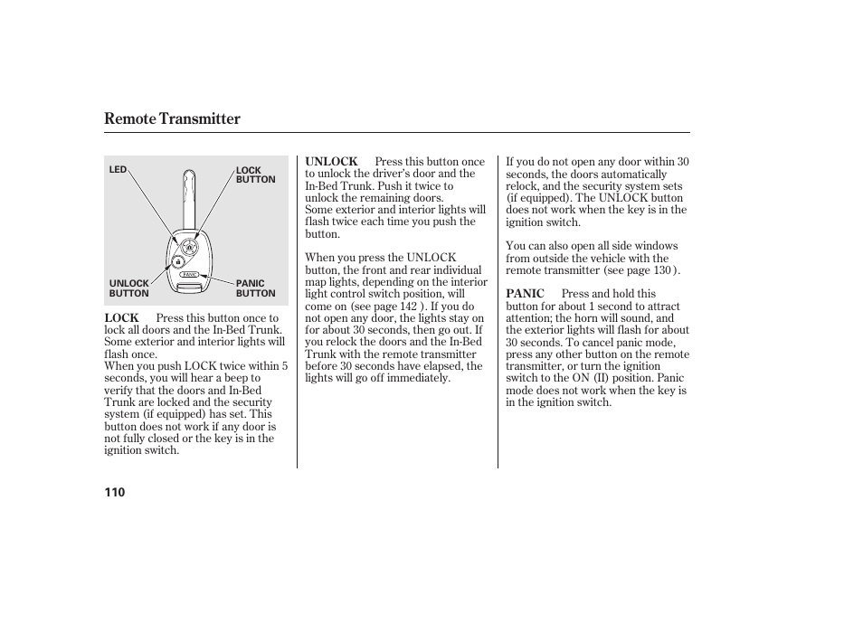 Remote transmitter | HONDA 2013 Ridgeline User Manual | Page 118 / 424