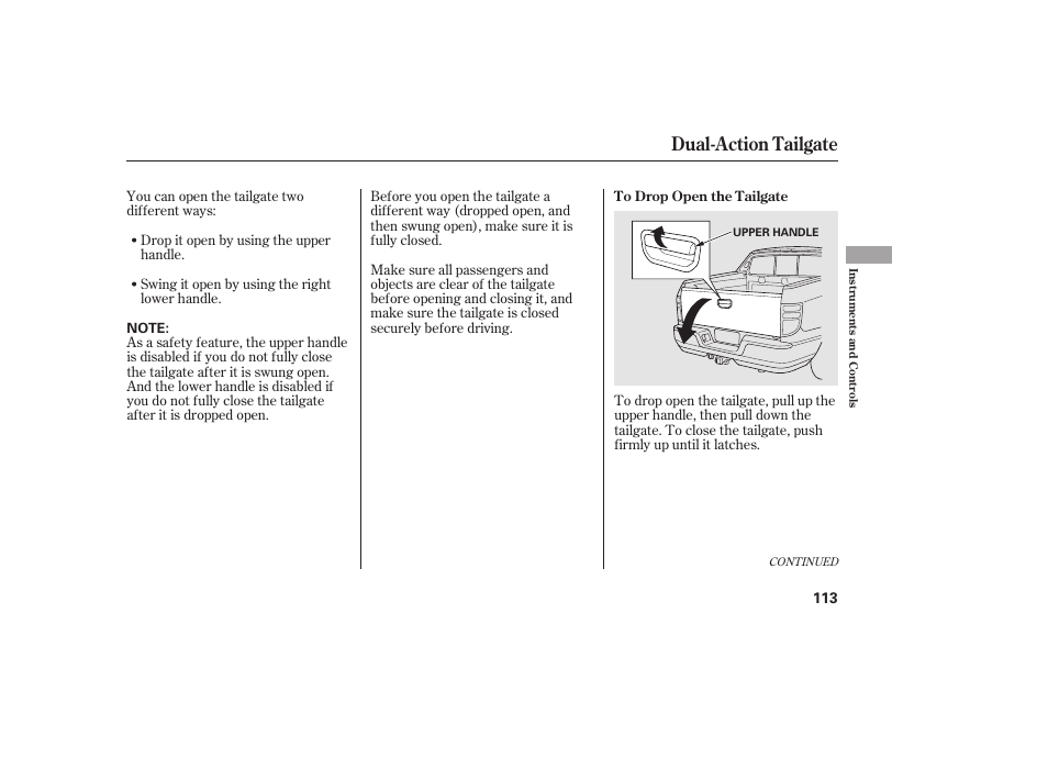 Dual-action tailgate | HONDA 2013 Ridgeline User Manual | Page 121 / 424