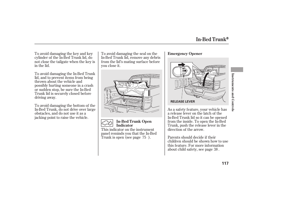 In-bed trunk | HONDA 2013 Ridgeline User Manual | Page 125 / 424