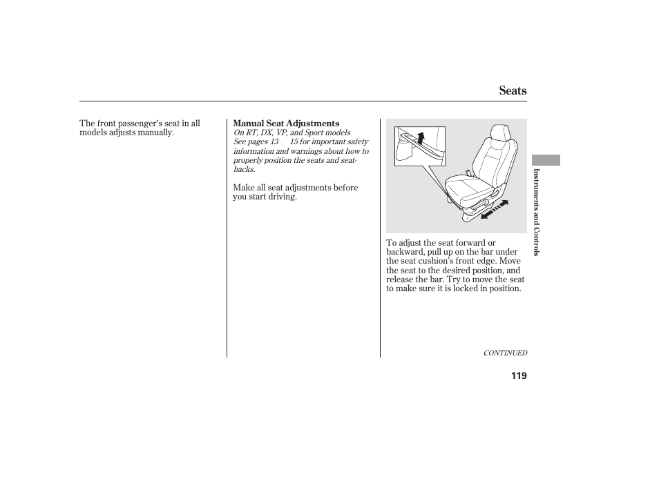 Seats | HONDA 2013 Ridgeline User Manual | Page 127 / 424