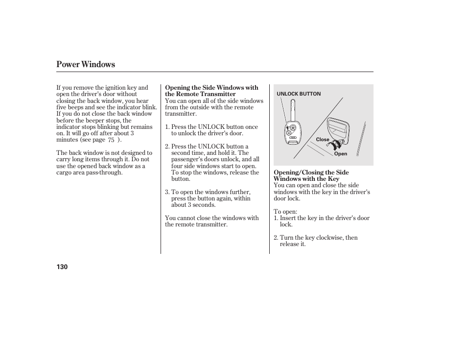 Power windows | HONDA 2013 Ridgeline User Manual | Page 138 / 424