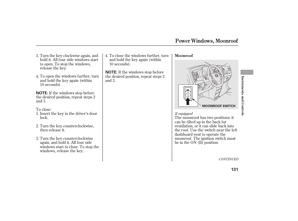 Power windows, moonroof | HONDA 2013 Ridgeline User Manual | Page 139 / 424