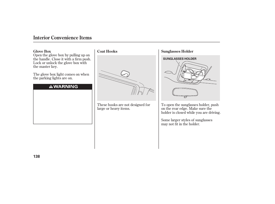 Interior convenience items | HONDA 2013 Ridgeline User Manual | Page 146 / 424