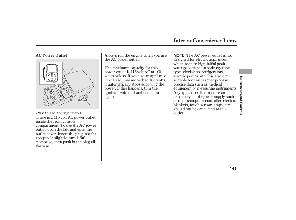 Interior convenience items | HONDA 2013 Ridgeline User Manual | Page 149 / 424