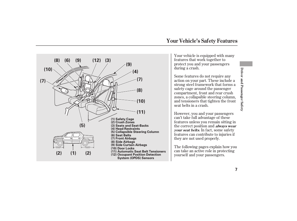 Your vehicle’s safety features | HONDA 2013 Ridgeline User Manual | Page 15 / 424