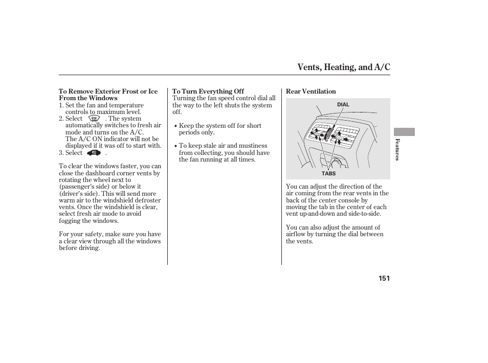 Vents, heating, and a/c | HONDA 2013 Ridgeline User Manual | Page 159 / 424