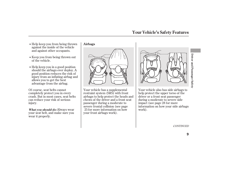 Your vehicle’s safety features | HONDA 2013 Ridgeline User Manual | Page 17 / 424