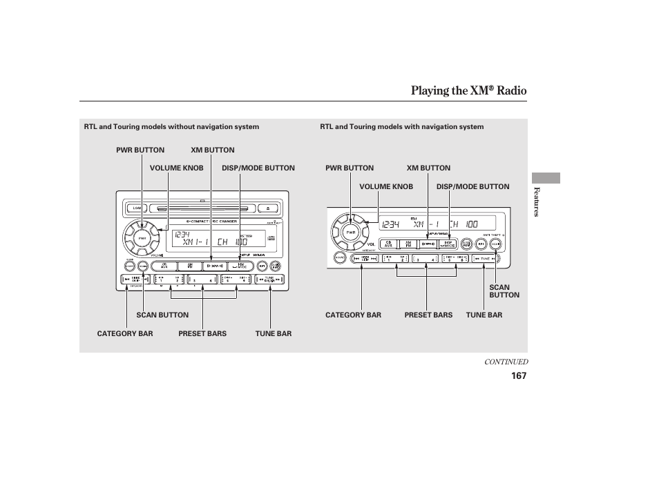 Playing the xm radio | HONDA 2013 Ridgeline User Manual | Page 175 / 424