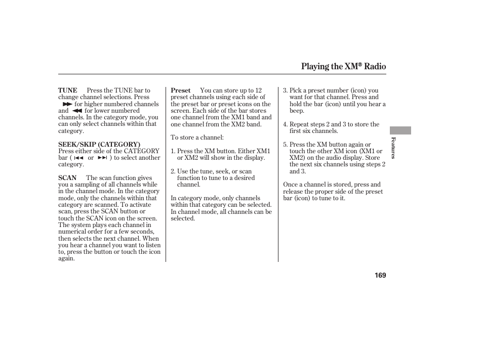 Playing the xm radio | HONDA 2013 Ridgeline User Manual | Page 177 / 424