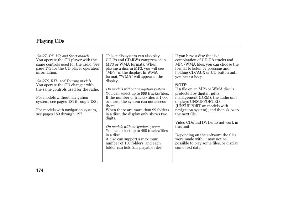 Playing cds | HONDA 2013 Ridgeline User Manual | Page 182 / 424