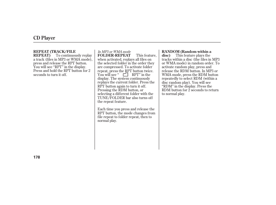 Cd player | HONDA 2013 Ridgeline User Manual | Page 186 / 424