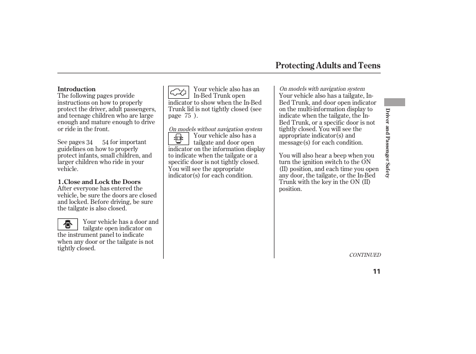 Protecting adults and teens | HONDA 2013 Ridgeline User Manual | Page 19 / 424