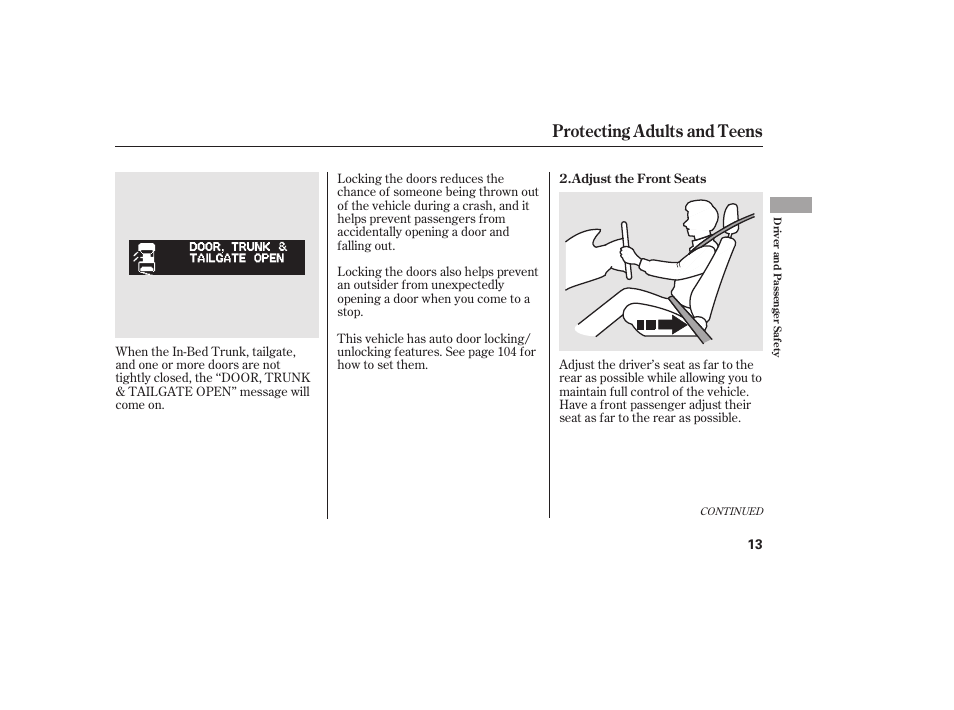 Protecting adults and teens | HONDA 2013 Ridgeline User Manual | Page 21 / 424