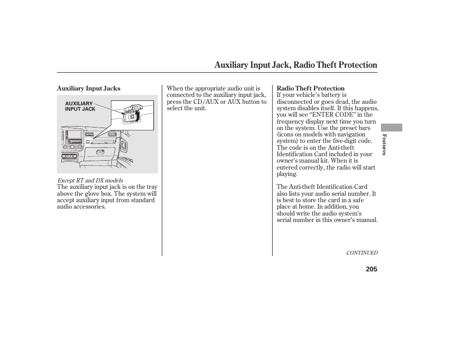 Auxiliary input jack, radio theft protection | HONDA 2013 Ridgeline User Manual | Page 213 / 424