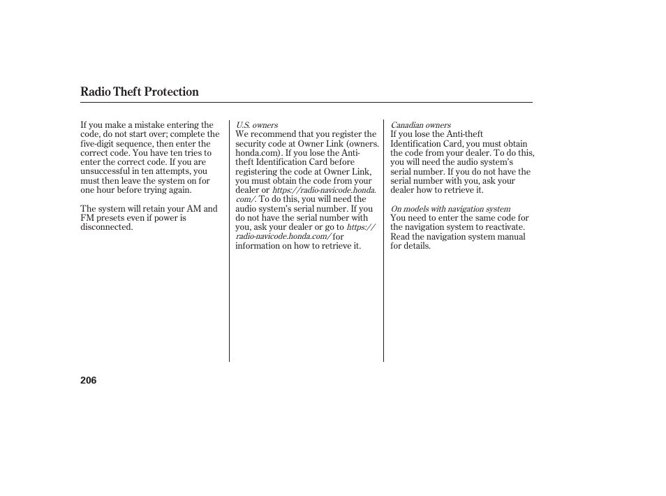 Radio theft protection | HONDA 2013 Ridgeline User Manual | Page 214 / 424