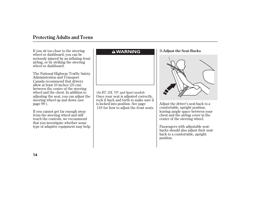 Protecting adults and teens | HONDA 2013 Ridgeline User Manual | Page 22 / 424