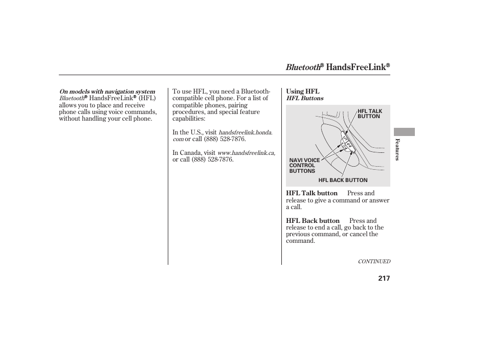 Handsfreelink, Bluetooth | HONDA 2013 Ridgeline User Manual | Page 225 / 424