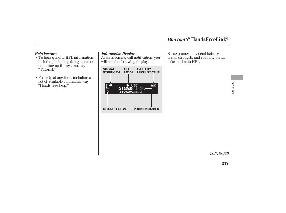 Handsfreelink, Bluetooth | HONDA 2013 Ridgeline User Manual | Page 227 / 424