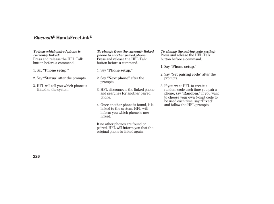 Handsfreelink, Bluetooth | HONDA 2013 Ridgeline User Manual | Page 234 / 424