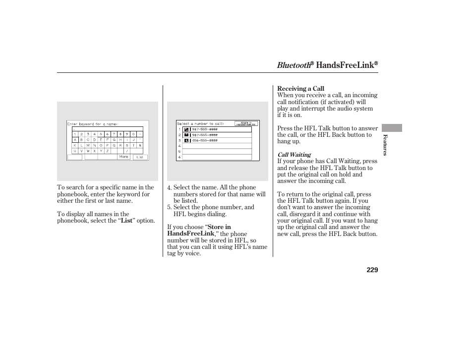 Handsfreelink, Bluetooth | HONDA 2013 Ridgeline User Manual | Page 237 / 424