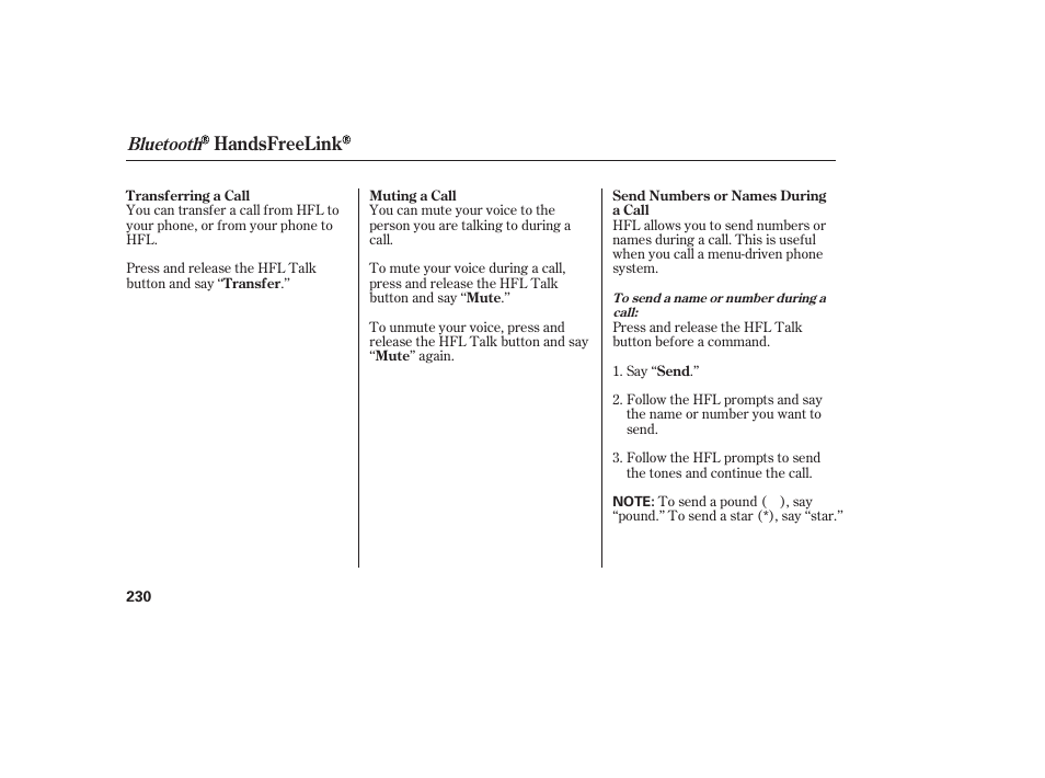 Handsfreelink, Bluetooth | HONDA 2013 Ridgeline User Manual | Page 238 / 424