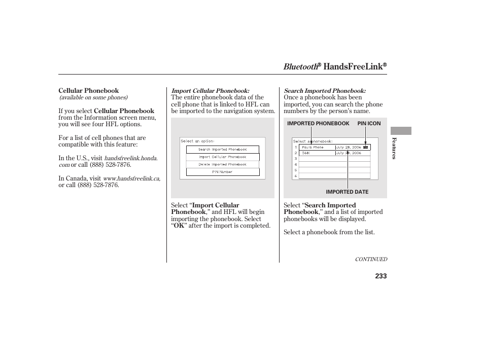 Handsfreelink, Bluetooth | HONDA 2013 Ridgeline User Manual | Page 241 / 424