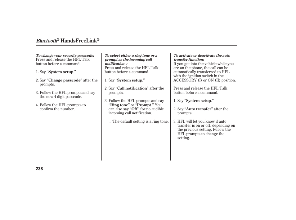 Handsfreelink, Bluetooth | HONDA 2013 Ridgeline User Manual | Page 246 / 424